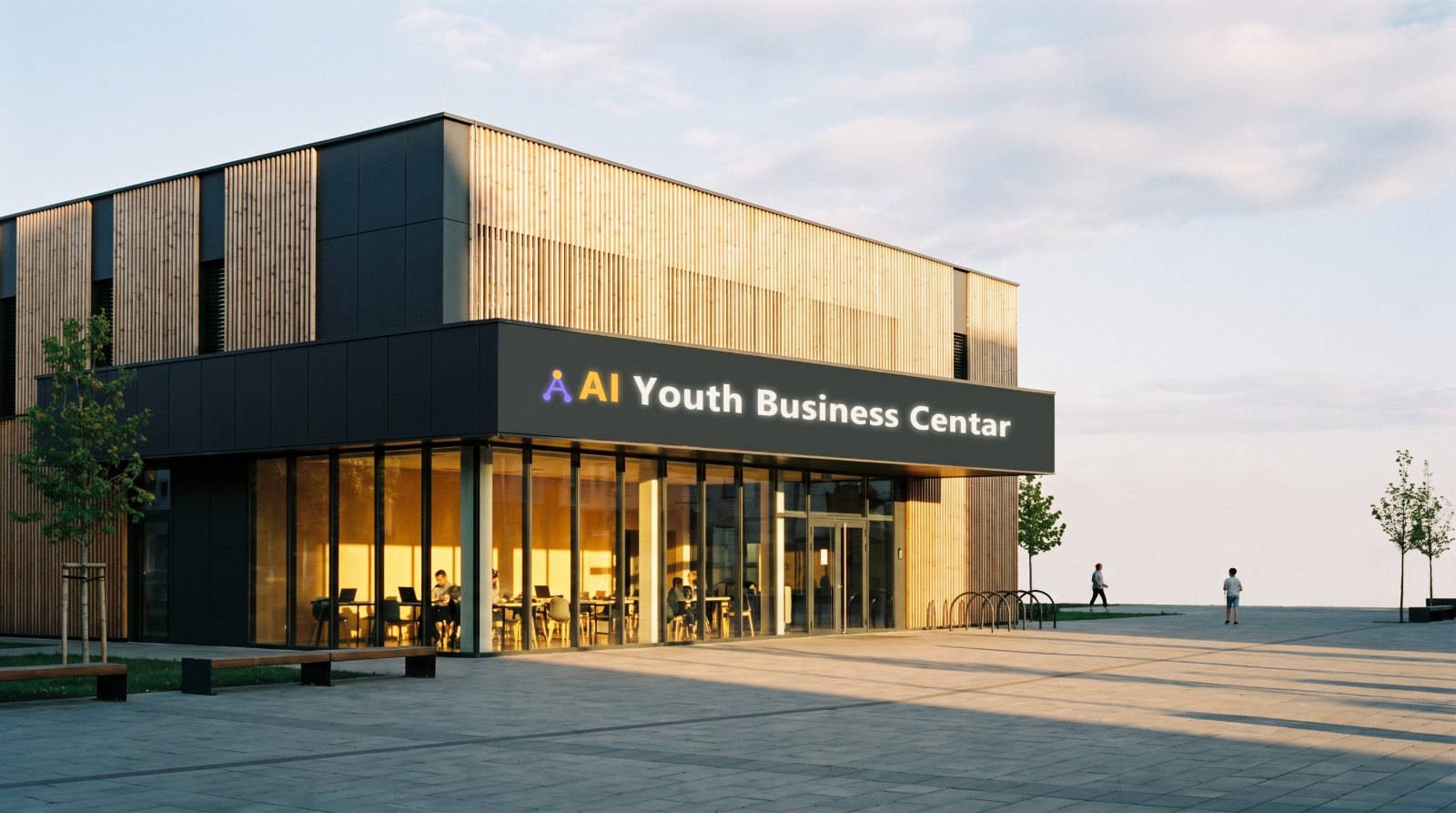 Vizualizacija objekta AI Youth Business Centra: savremena zgrada od drveta i stakla sa natpisom iznad ulaza